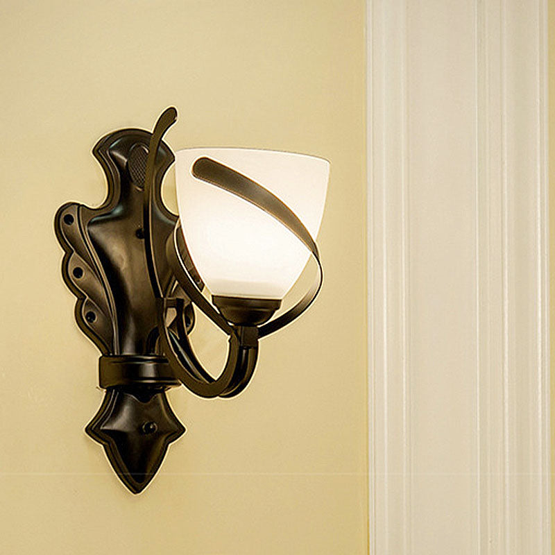 Vintage Porch Wall Lamp - White Glass Black Dome Sconce With Curvy Arm 1/2-Light 1 /