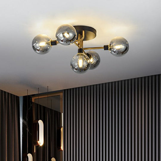 Black-Brass 5-Light Glass Semi-Flush Mount Ceiling Lamp - Contemporary Ball Shaped Design For