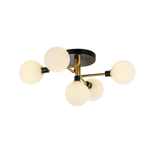 Black-Brass 5-Light Glass Semi-Flush Mount Ceiling Lamp - Contemporary Ball Shaped Design for Bedroom