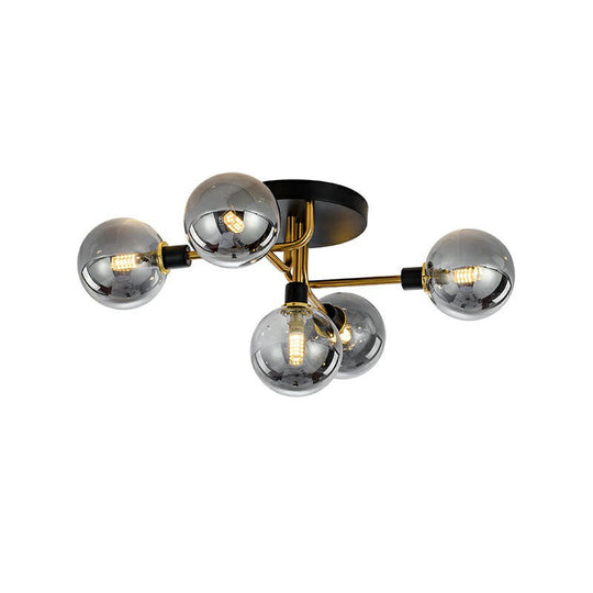 Black-Brass 5-Light Glass Semi-Flush Mount Ceiling Lamp - Contemporary Ball Shaped Design for Bedroom