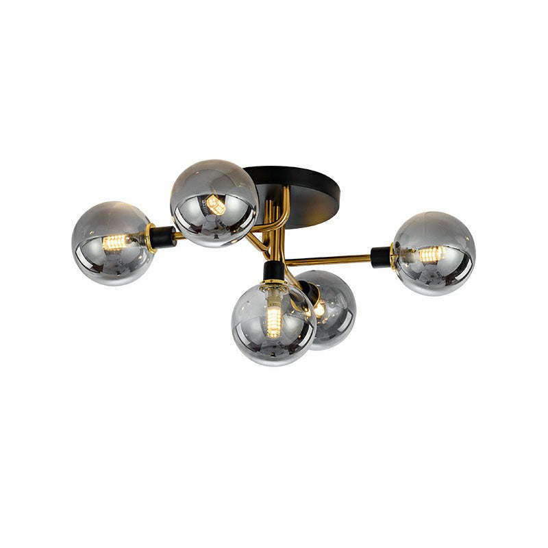 Black-Brass 5-Light Glass Semi-Flush Mount Ceiling Lamp - Contemporary Ball Shaped Design For