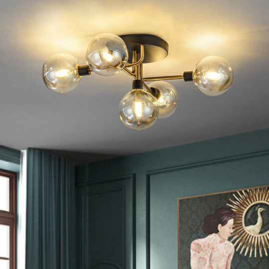 Black-Brass 5-Light Glass Semi-Flush Mount Ceiling Lamp - Contemporary Ball Shaped Design for Bedroom