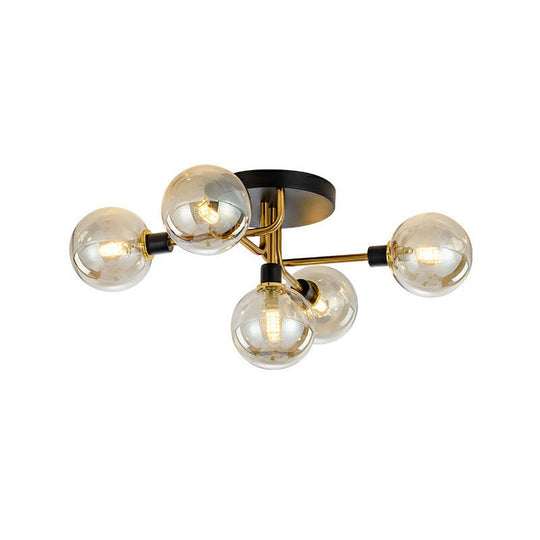 Black-Brass 5-Light Glass Semi-Flush Mount Ceiling Lamp - Contemporary Ball Shaped Design for Bedroom