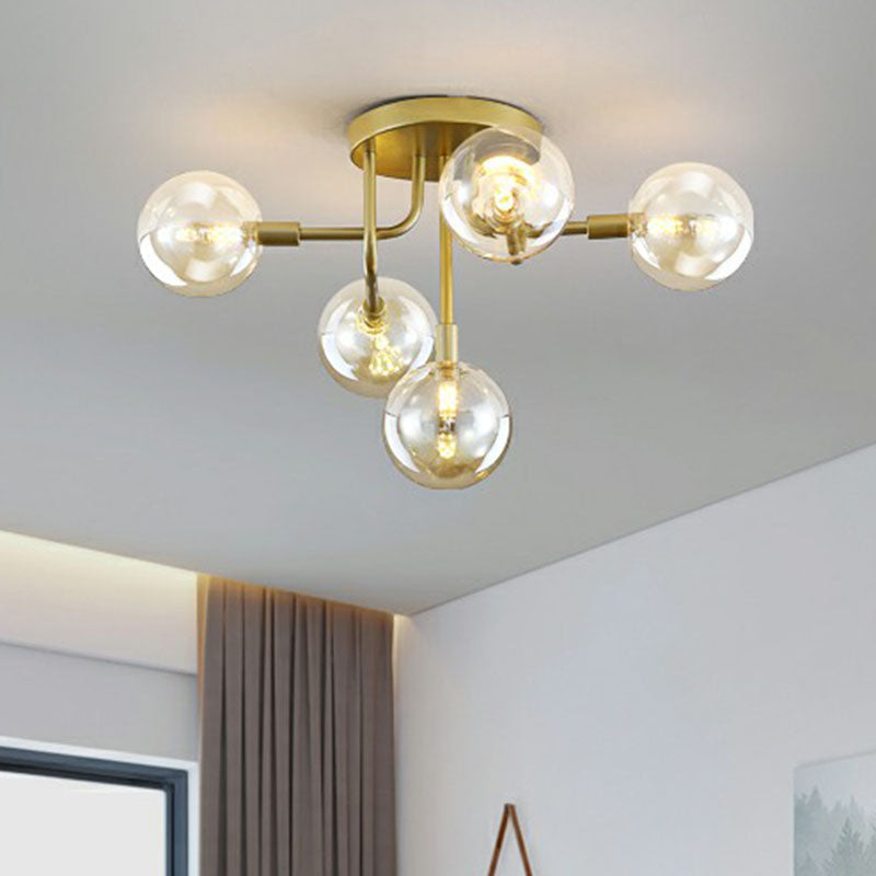 Gold Ceiling Semi-Flush Mount Light For Living Room With Ball Glass Design