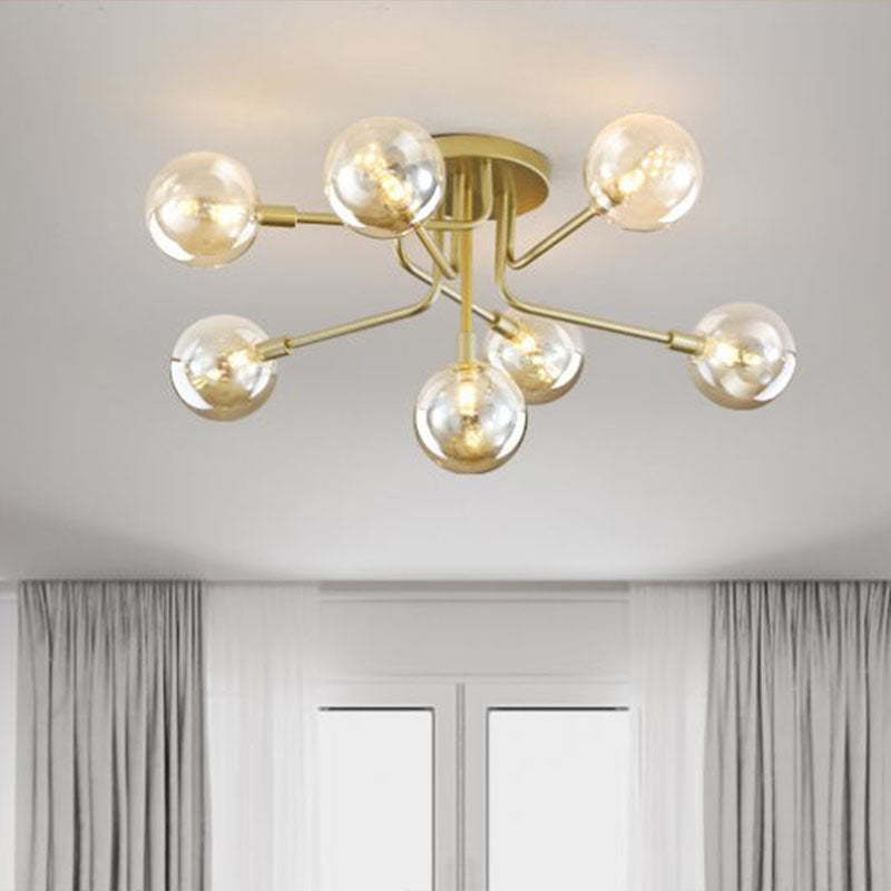 Gold Ceiling Semi-Flush Mount Light For Living Room With Ball Glass Design