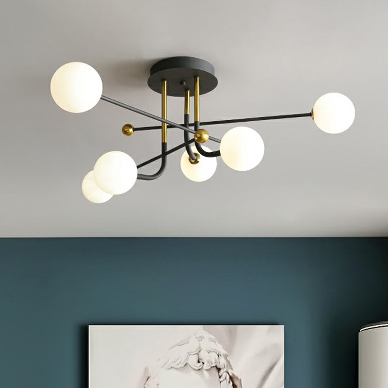 Sleek Cream Glass Ball Semi Mount Ceiling Light With Minimalistic Black And Brass Accents For Dining