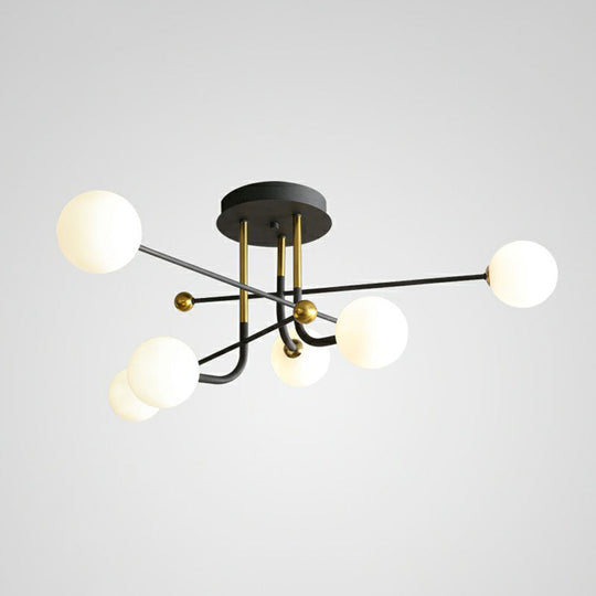 Sleek Cream Glass Ball Semi Mount Ceiling Light With Minimalistic Black And Brass Accents For Dining