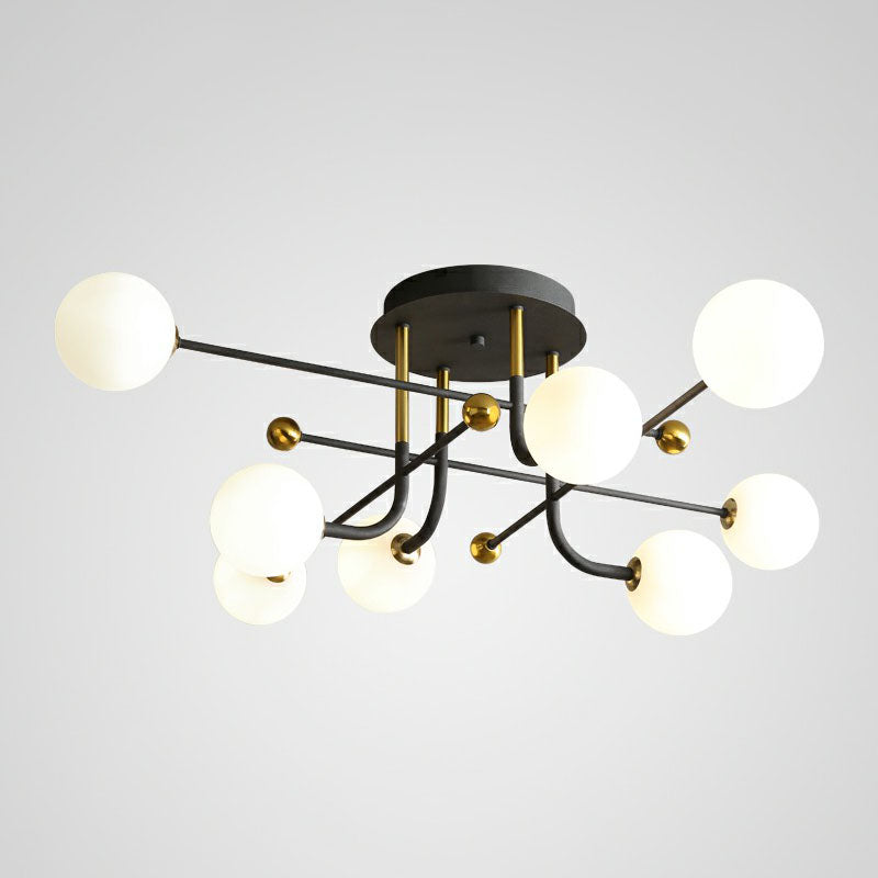 Sleek Cream Glass Ball Semi Mount Ceiling Light With Minimalistic Black And Brass Accents For Dining