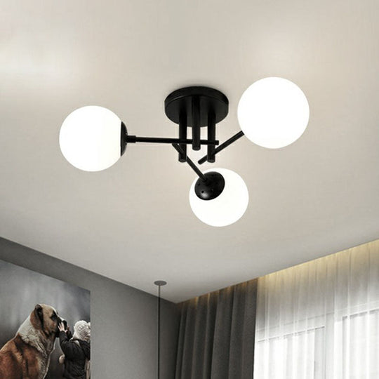 Modern Opaline Glass Ball Flush Mount Light In Black For Living Room