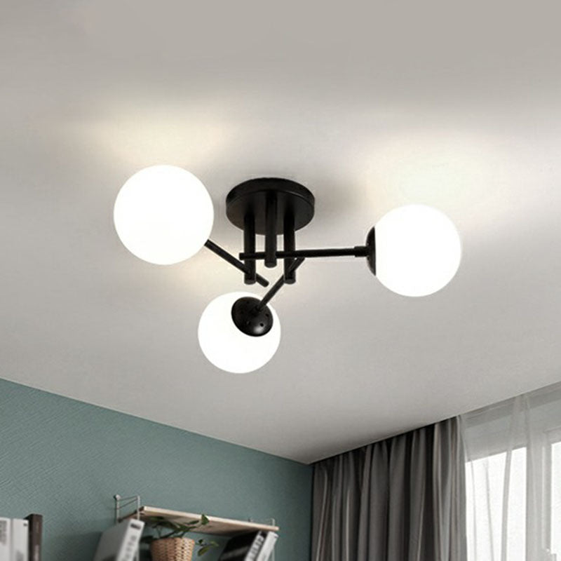 Modern Opaline Glass Ball Flush Mount Light In Black For Living Room