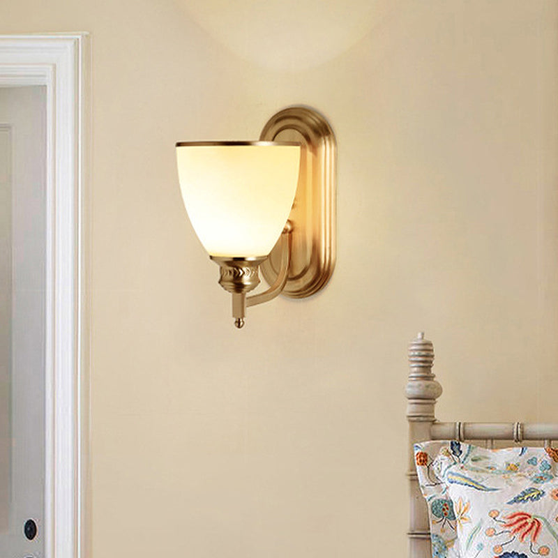 Retro Milky Glass 1-Light Brass Bowl Sconce: Hotel Wall Lamp With Curved Arm