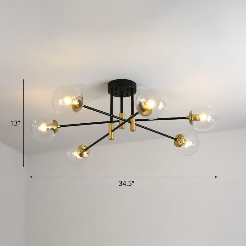 Modern Glass 6-Light Ball Semi-Flush Ceiling Fixture For Bedrooms Clear