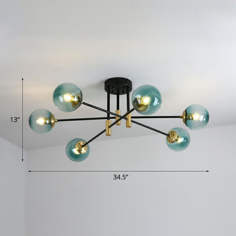 Modern Glass 6-Light Ball Semi-Flush Ceiling Fixture For Bedrooms Blue