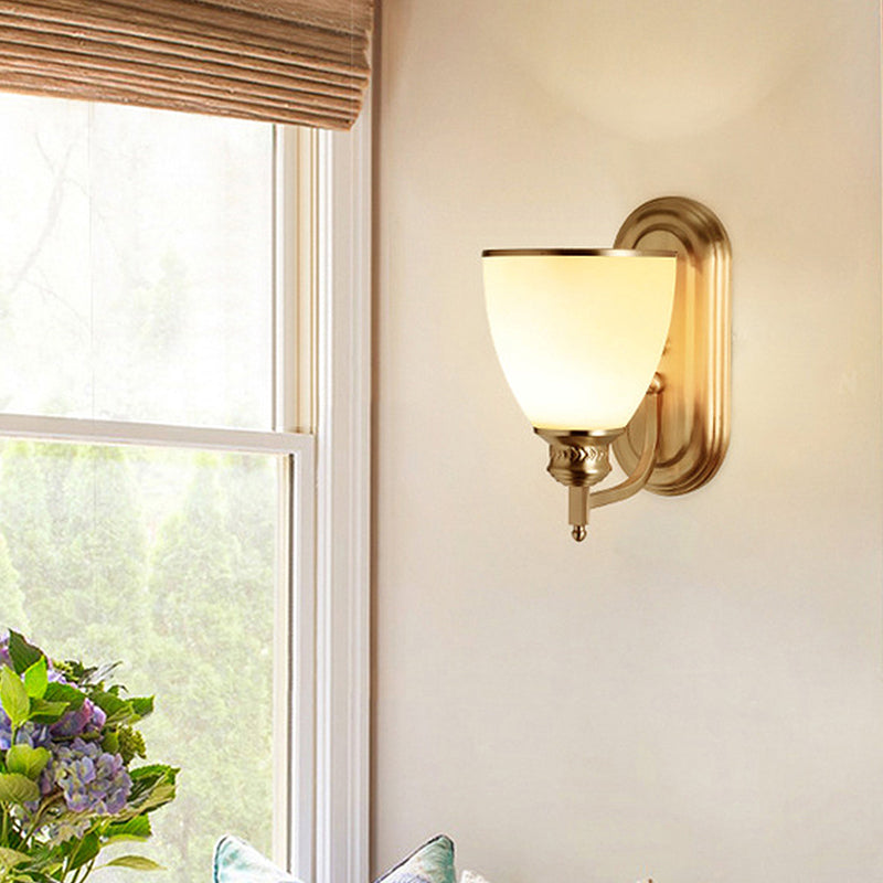 Retro Milky Glass 1-Light Brass Bowl Sconce: Hotel Wall Lamp With Curved Arm