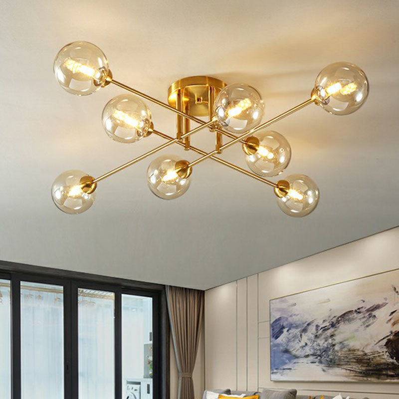 8-Head Parlor Semi Flush Light With Ball Amber Glass Shade Modern Ceiling Mounted Fixture