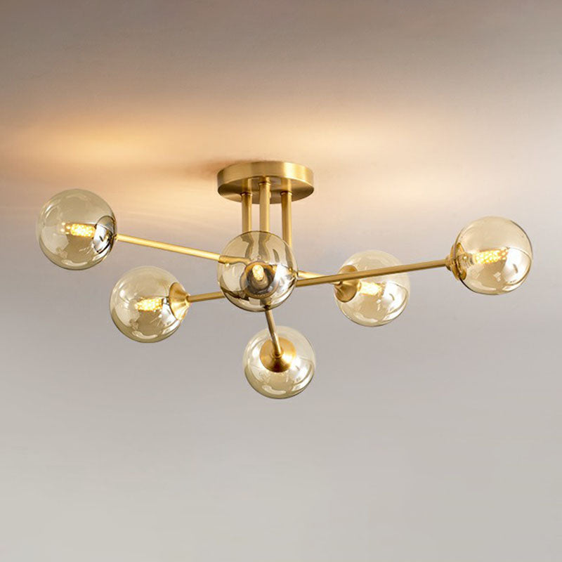 Amber Glass Semi-Flush Ceiling Pendant In Gold - Postmodern Spherical Dining Room Lighting 6 /