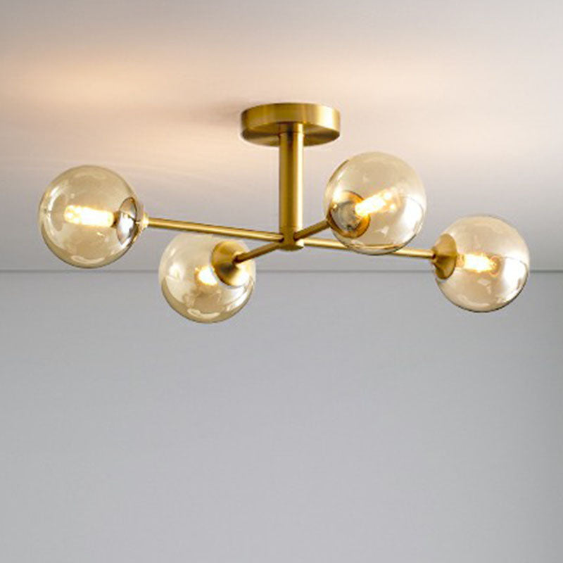 Amber Glass Semi-Flush Ceiling Pendant In Gold - Postmodern Spherical Dining Room Lighting