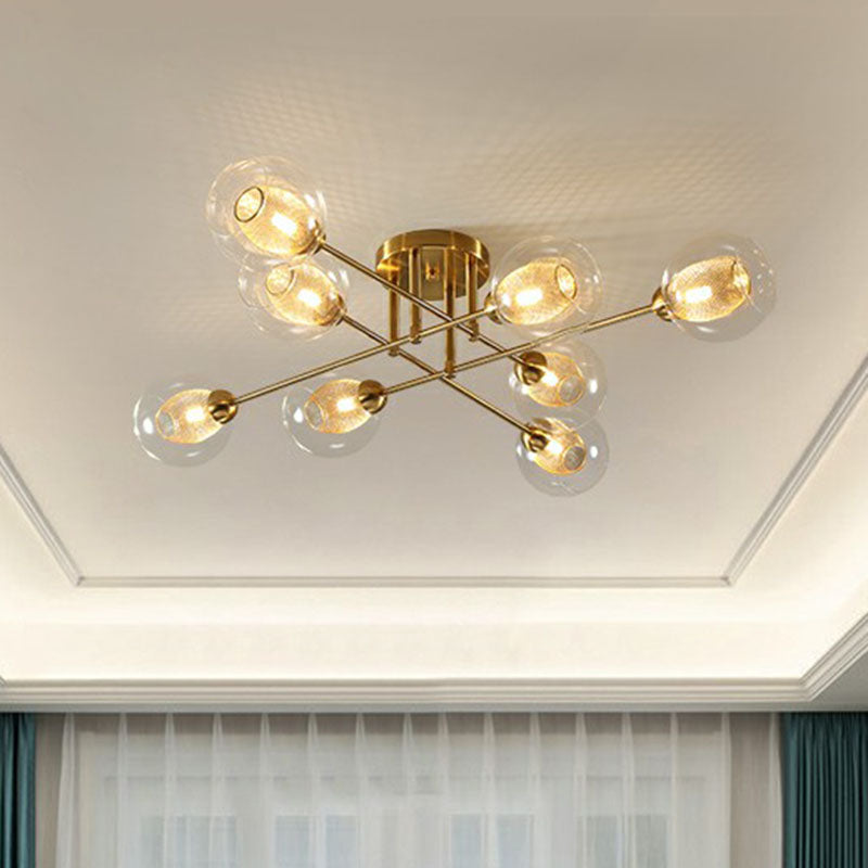 Postmodern Gold Finish Semi Flush Ceiling Light With Clear Glass Ball And Mesh Shade Inside