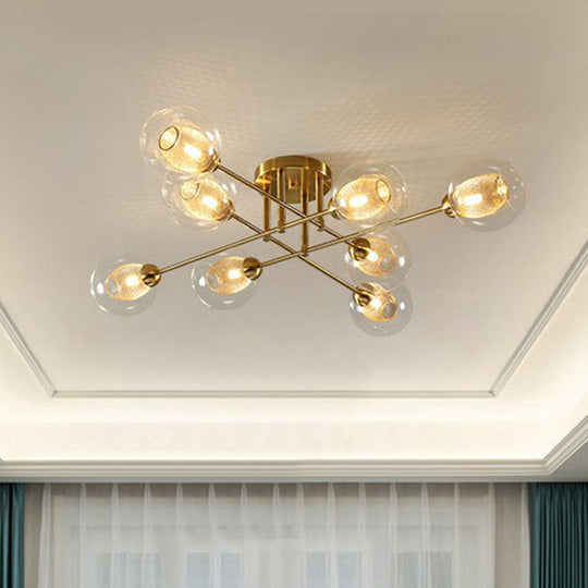 Postmodern Gold Finish Semi Flush Ceiling Light With Clear Glass Ball And Mesh Shade Inside