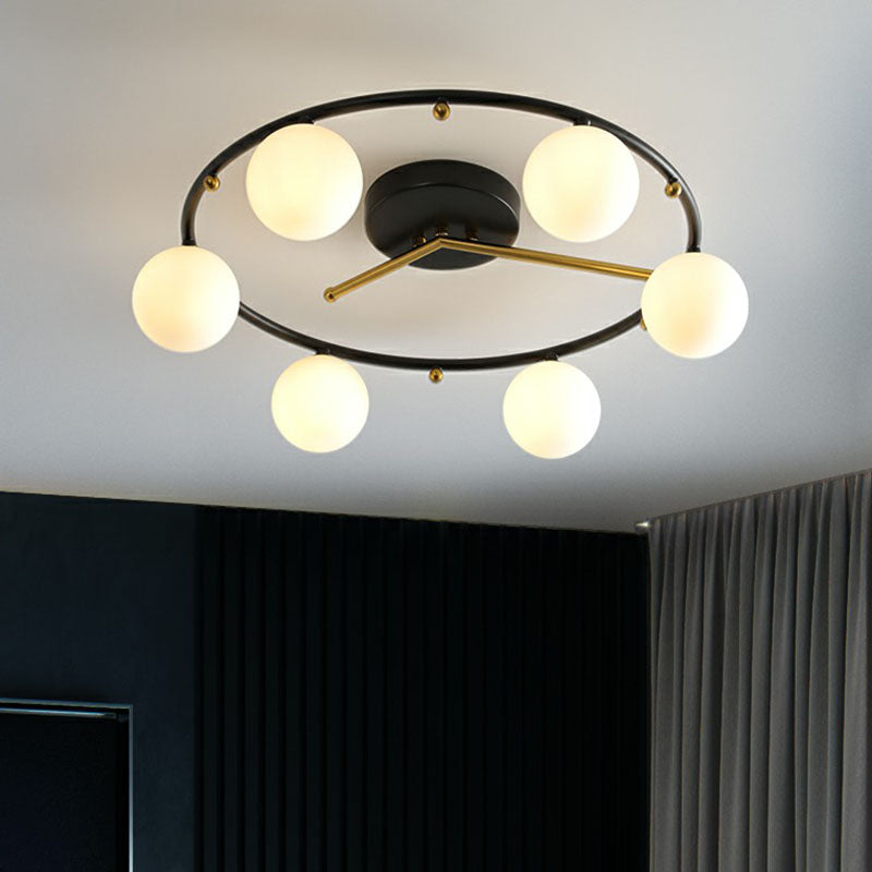 Postmodern Black & Brass 6-Head Ball Glass Ceiling Lamp: Stylish Semi Flush Mount Light