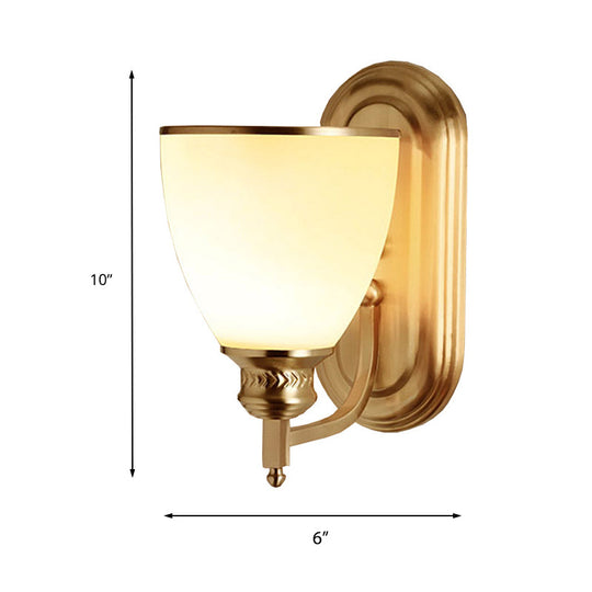 Retro Milky Glass 1-Light Brass Bowl Sconce: Hotel Wall Lamp With Curved Arm