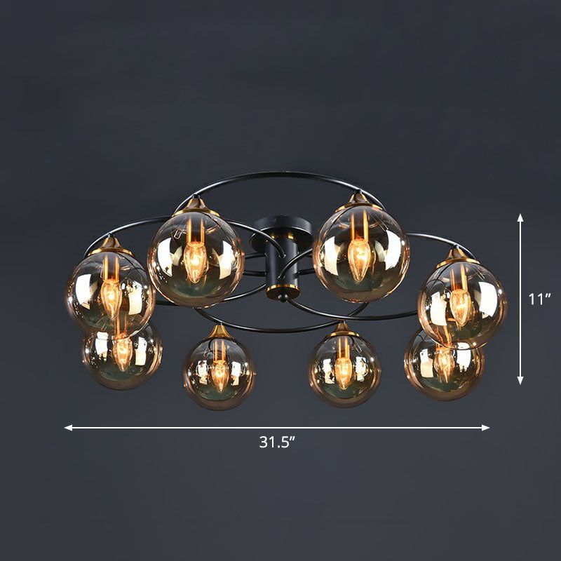 Post-Modern Glass Black Semi Flush Chandelier - Stylish Living Room Ceiling Light 8 / Amber