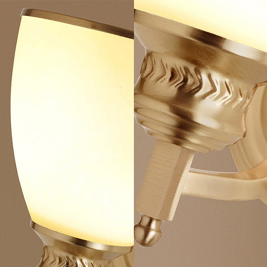 Retro Milky Glass 1-Light Brass Bowl Sconce: Hotel Wall Lamp With Curved Arm