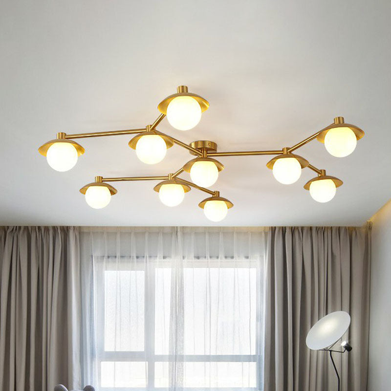 Modern Gold Finish Ceiling Light With Unique Molecule Design And White Glass Shade