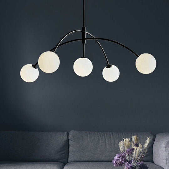 Modern Black Arc-Shaped Suspension Lamp with 5 Head Milky Ball Glass Chandelier - Dining Room Lighting