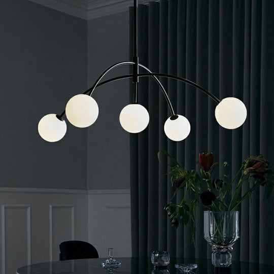 Modern Black Arc-Shaped Suspension Lamp with 5 Head Milky Ball Glass Chandelier - Dining Room Lighting