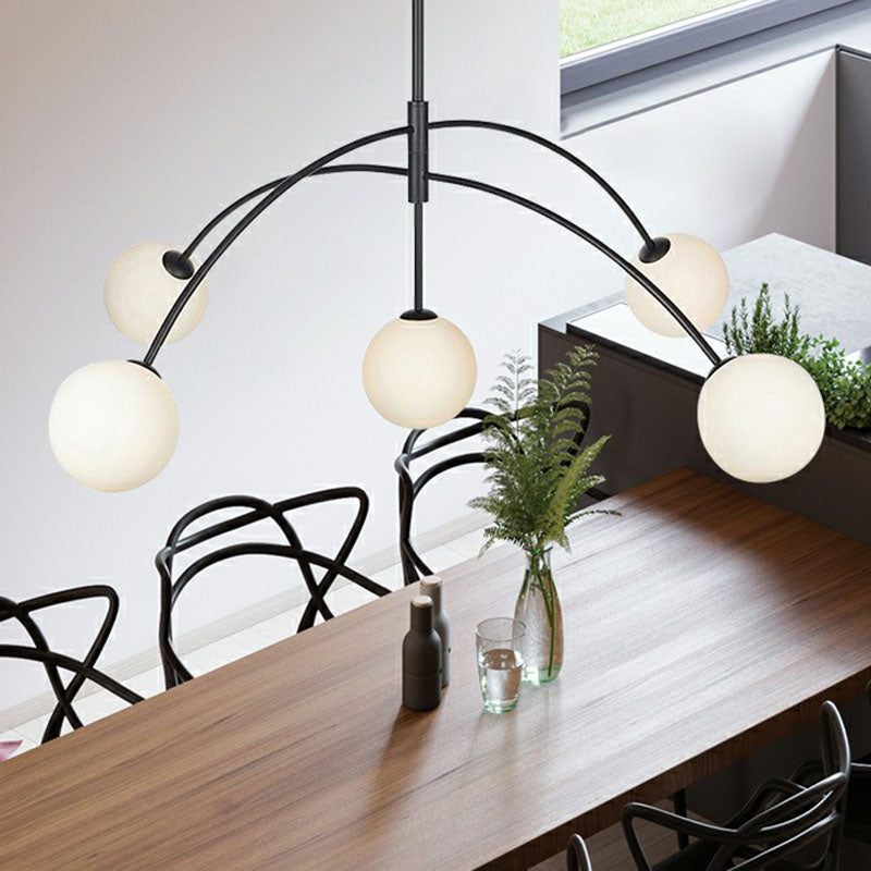 Modern Black Arc Shaped Suspension Lamp: 5-Head Glass Chandelier For Dining Room