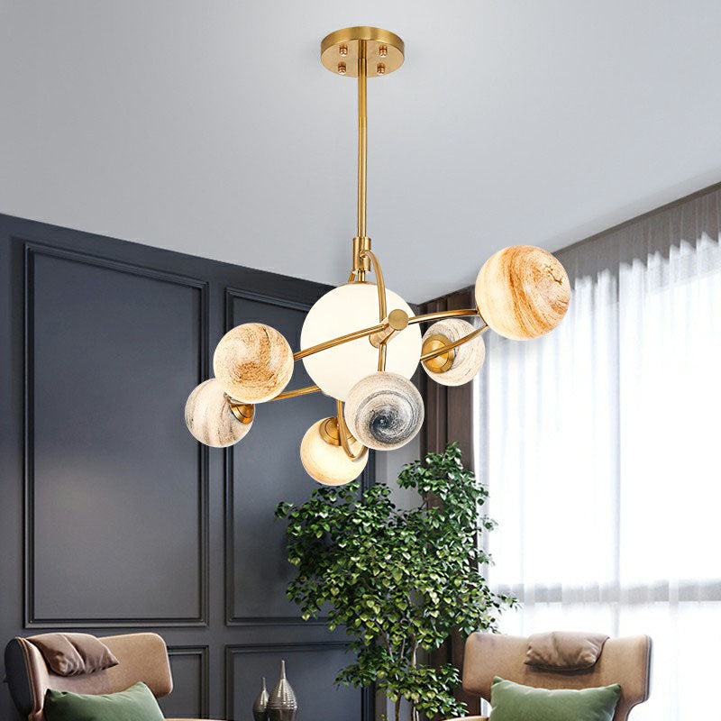 Planet Children's Chandelier: Stained Glass, 7-Light Ceiling Light with Metal Ring in Gold - Modern & Stylish