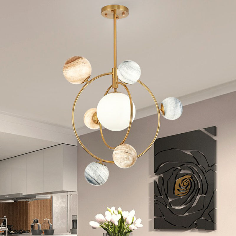 Planet Children's Chandelier: Stained Glass, 7-Light Ceiling Light with Metal Ring in Gold - Modern & Stylish