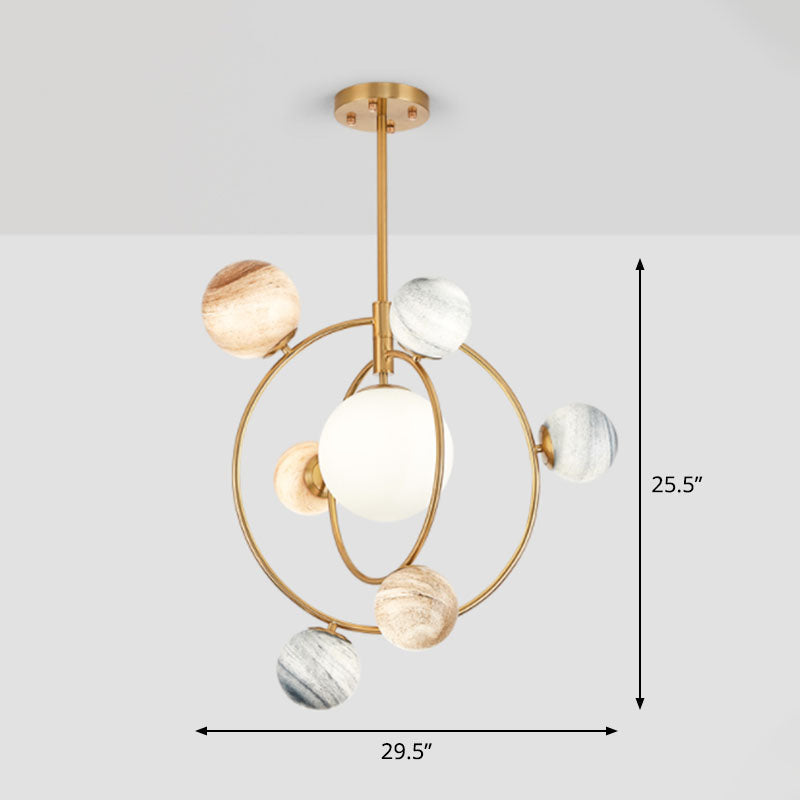 Planet Children's Chandelier: Stained Glass, 7-Light Ceiling Light with Metal Ring in Gold - Modern & Stylish