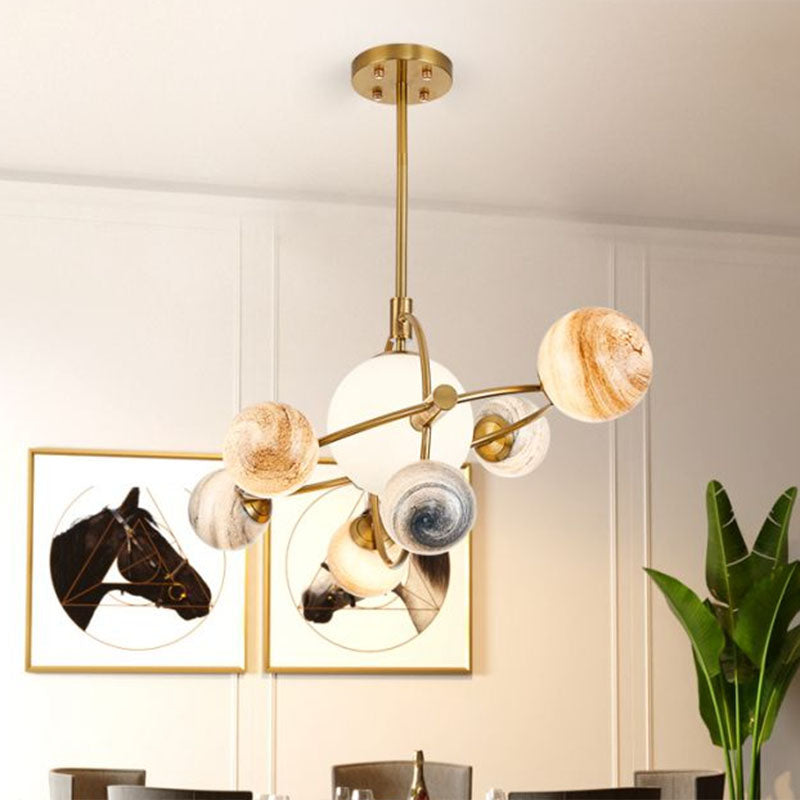 Planet Children's Chandelier: Stained Glass, 7-Light Ceiling Light with Metal Ring in Gold - Modern & Stylish