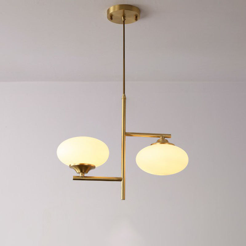 Minimalist Gold Oval Pendant Chandelier: White Glass Lighting With 2 Lights