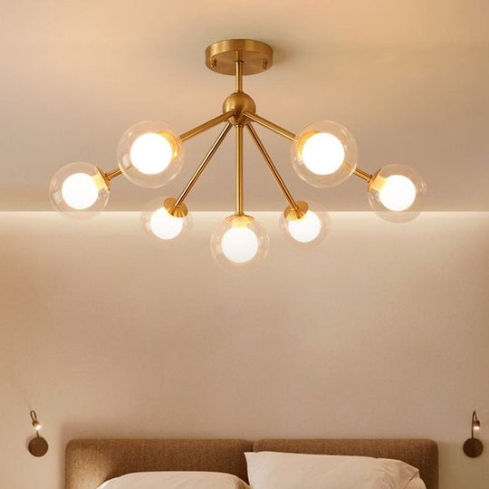 Minimalist Gold Metal Chandelier With Dual Ball Glass Shades - Ideal Ceiling Light For Dining Room