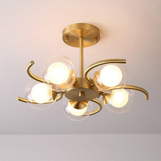 Postmodern Metallic Ceiling Lamp With Antiqued Gold Swirls Clear & White Glass Shade