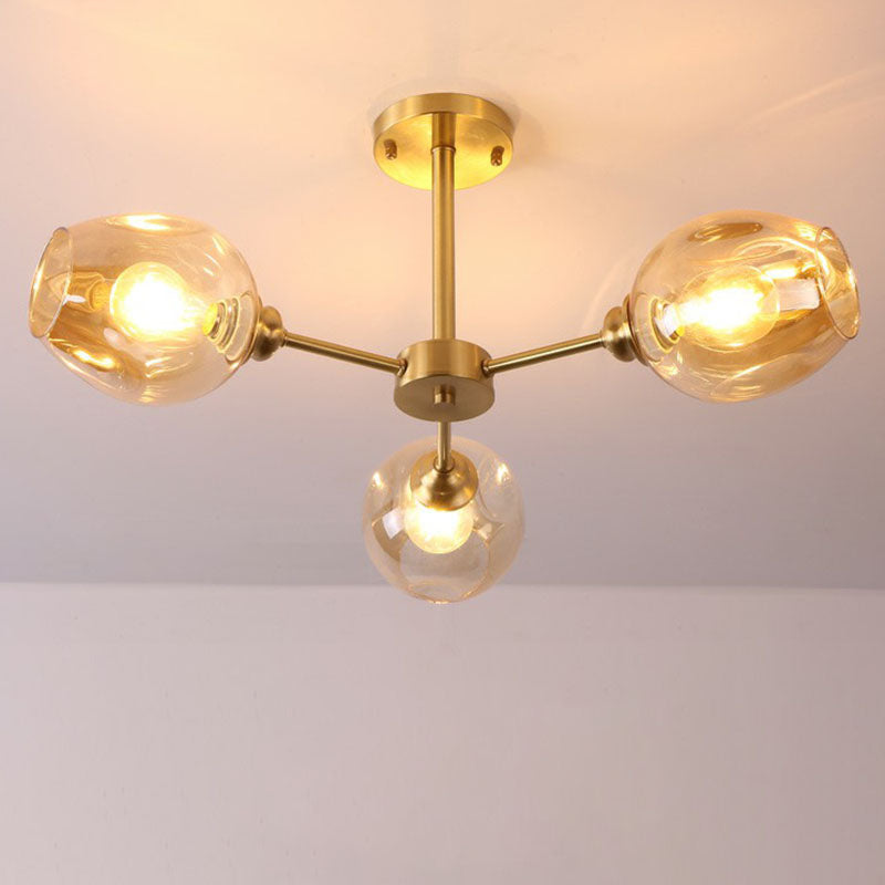 Sputnik Ceiling Mount Chandelier: Postmodern Cup Glass Parlor Flush Light In Brass 3 / Amber