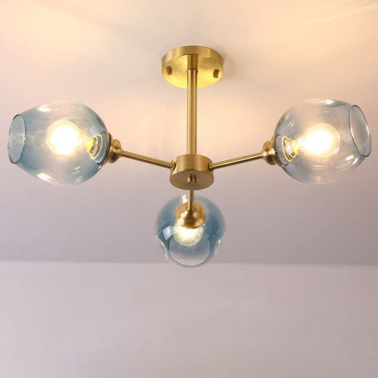 Sputnik Ceiling Mount Chandelier: Postmodern Cup Glass Parlor Flush Light In Brass 3 / Blue