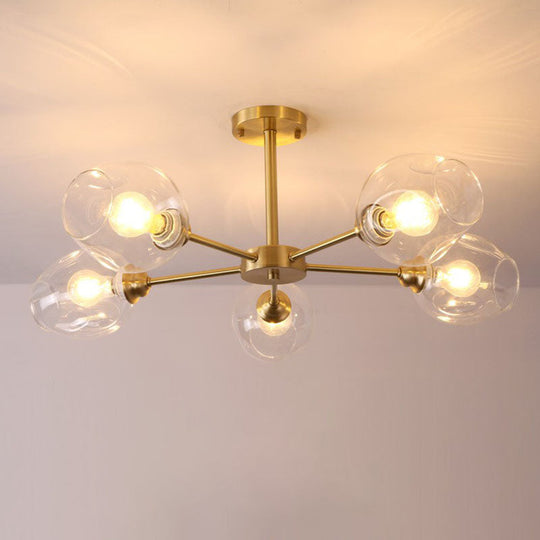 Sputnik Ceiling Mount Chandelier: Postmodern Cup Glass Parlor Flush Light In Brass 5 / Clear