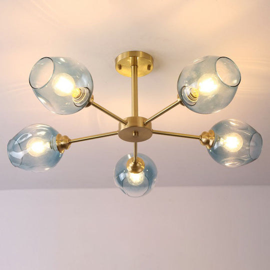 Sputnik Ceiling Mount Chandelier: Postmodern Cup Glass Parlor Flush Light In Brass 5 / Blue