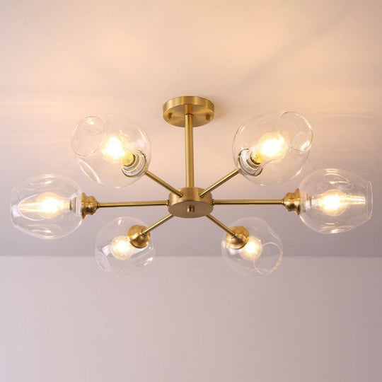 Sputnik Ceiling Mount Chandelier: Postmodern Cup Glass Parlor Flush Light In Brass 6 / Clear