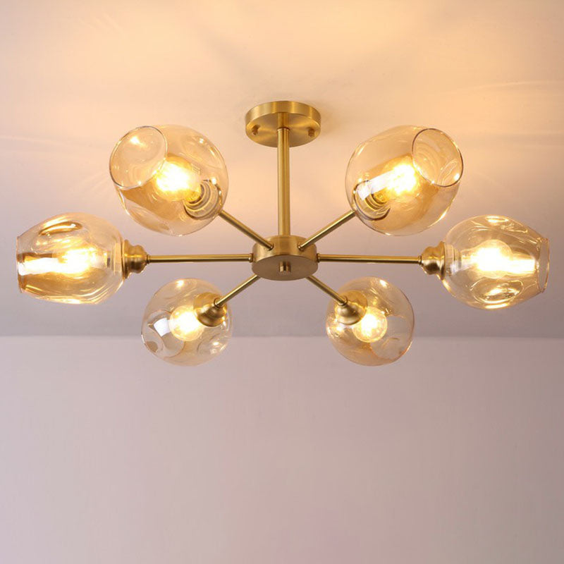 Sputnik Ceiling Mount Chandelier: Postmodern Cup Glass Parlor Flush Light In Brass 6 / Amber