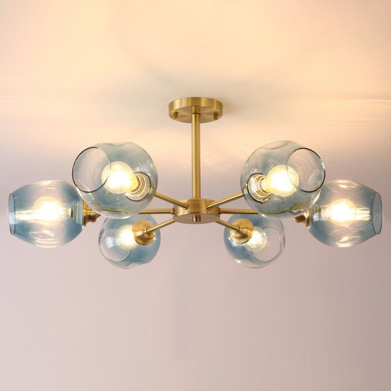 Sputnik Ceiling Mount Chandelier: Postmodern Cup Glass Parlor Flush Light In Brass 6 / Blue