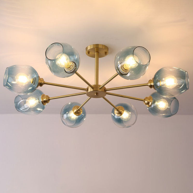 Sputnik Ceiling Mount Chandelier: Postmodern Cup Glass Parlor Flush Light In Brass 8 / Blue