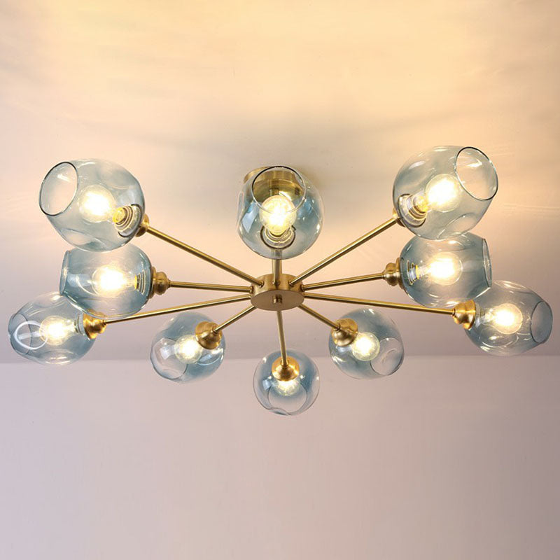 Sputnik Ceiling Mount Chandelier: Postmodern Cup Glass Parlor Flush Light In Brass 10 / Blue