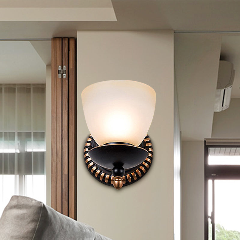 Black Retro Wall Sconce Light With Frosted Glass Bowl Shade - Perfect For Dining Room