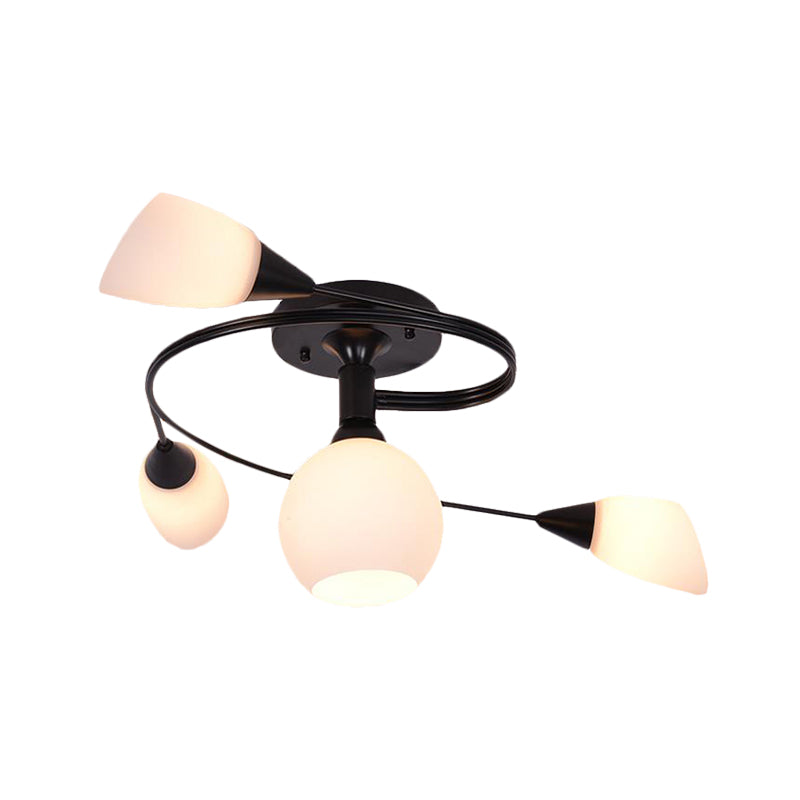 Twisted Living Room Semi Mount Lighting - Traditional Frosted Glass Ceiling Light with 4/6 Lights in Black or White