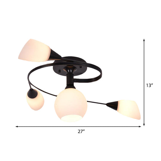 Twisted Living Room Semi Mount Lighting - Traditional Frosted Glass Ceiling Light with 4/6 Lights in Black or White